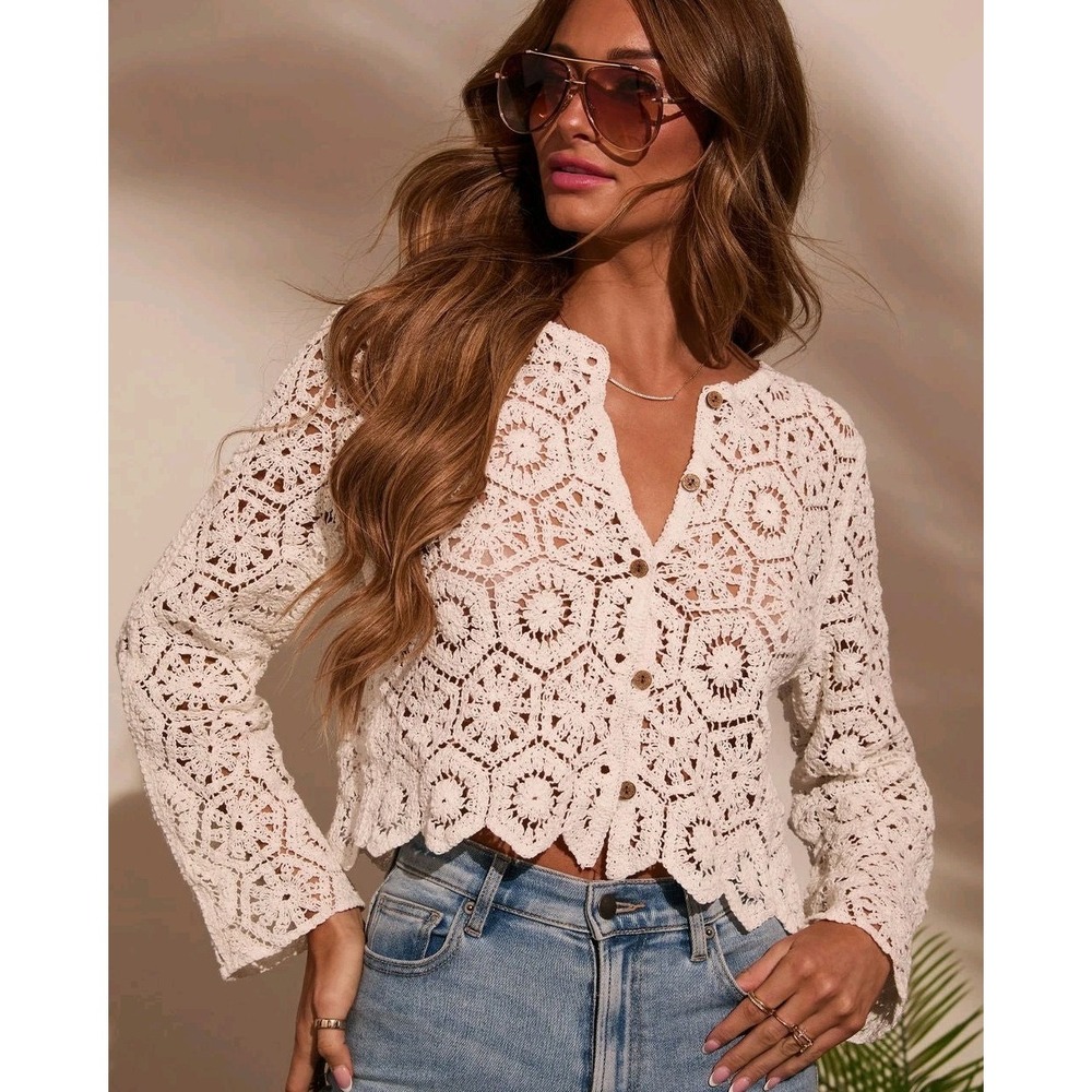 Open Knit Crochet Top Cardigan Ivory Cotton Boho Cottagecore Women's Size Small